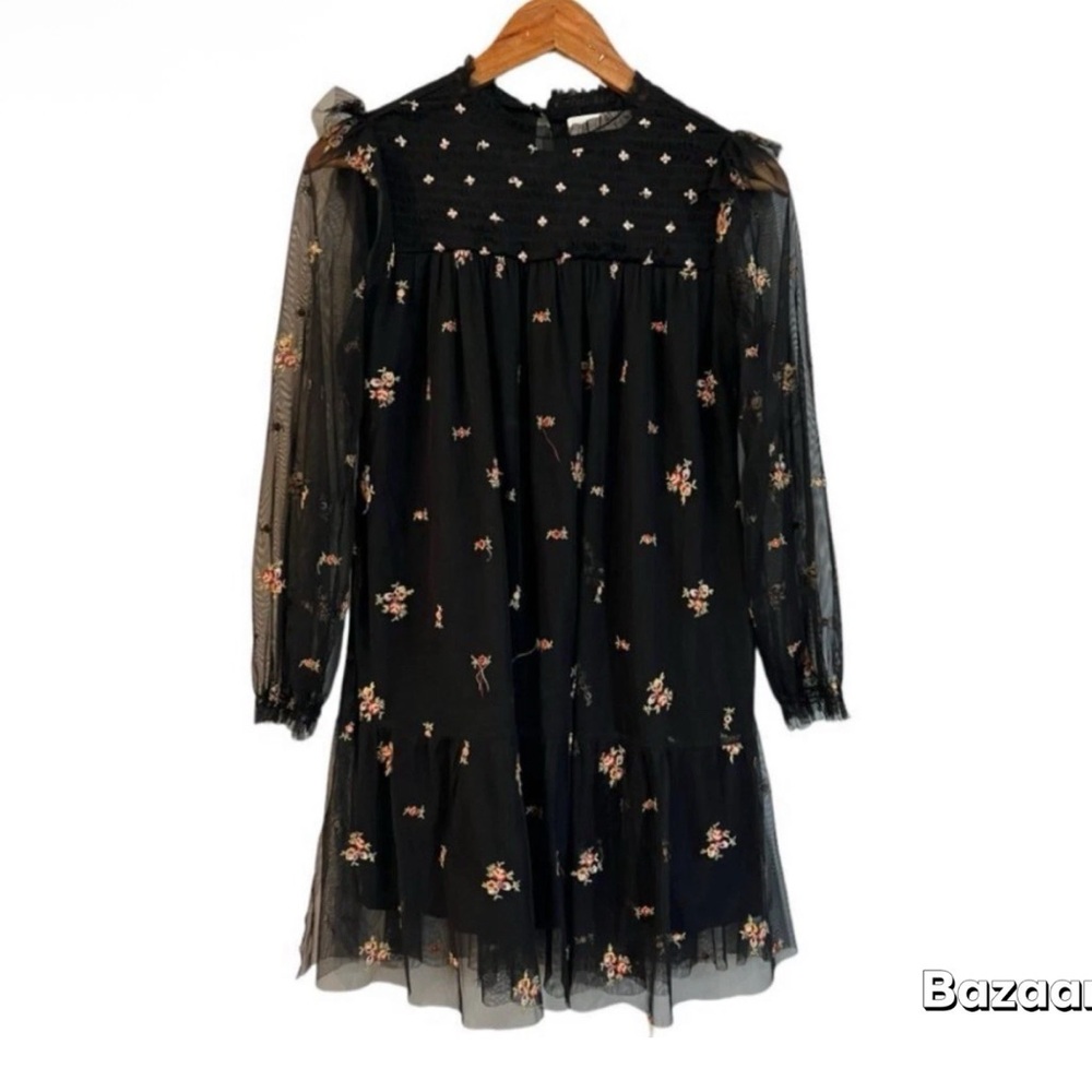 Zara Black Floral Mesh Long-Sleeve Party Dress
